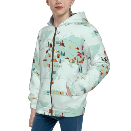 World Travel Map Kid Hoodies Boys Zip Up Sweatshirts Girls Pullover with Pocket