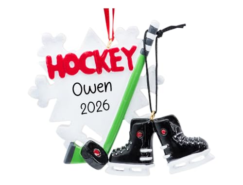UniqXmas Personalized Ice Hockey Christmas Ornament 2026 - Free Customization | Hockey Skates Stick & Puck for Xmas Tree - Gift for Winter Sport Hockey Player Coach Team Fan | Custom Name & Year