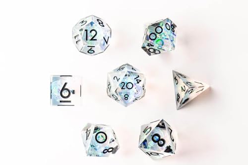 Image of 1985 Games Sharp Edge D&D Dice Set - Handmade Resin Polyhedral Dice in VHS Retro Box - 7 Dice for TTRPG (Crystal Ball)