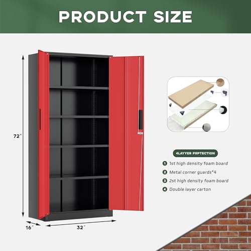 Image of Greenvelly Metal Storage Cabinet,72 inch Locking Metal Garage Storage Cabinet with Doors and 4 Adjustable Shelves, Lockable Steel Cabinet for Home Office, Garage, Shop, School (Red 32 inch W x 16 inch D)