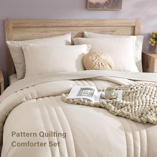 Monbix Queen Comforter Set - 7 Pieces Beige Bed in a Bag Queen Bedding Sets with Comforters, All Seasons Comforter Bed Set with Sheets,Pillowcases & Shams - Image 3