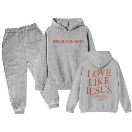 Jesus Loves You 2 Piece Outfits for Girl Christian Hoodie and Sweatpants Sweatsuits Athletic Clothing Sets with Pocket2