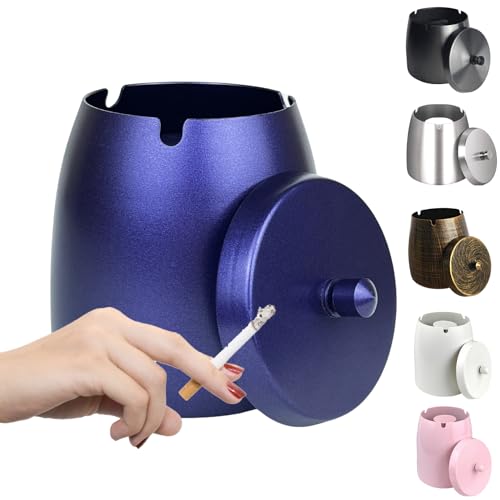 WUSIFIE Large Outdoor Ashtray with Lid for Patio Balcony Stainless Steel Windproof Smokeless Cigarette Ashtray for Smokers Cigar Home Office Decoration Matte Blue