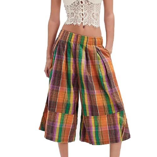 Womens Summer Boho Wide Leg Culotte Retro Plaid Pants PalazzoTrousers Colorful Plaid Capris with Pockets