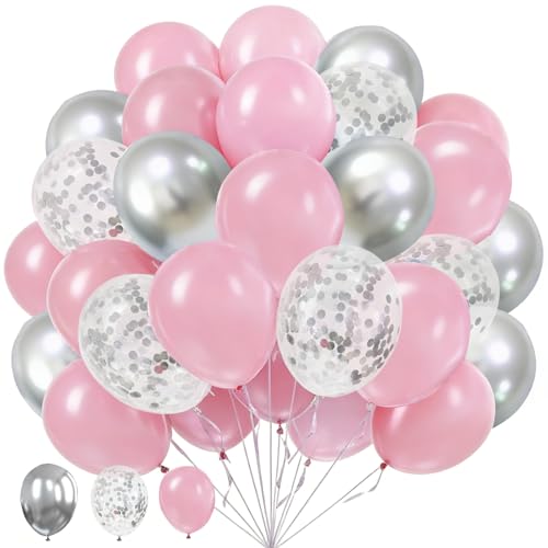 Image of 60Pcs Pink and Silver Balloons, 12inch Silver Confetti Party Latex Balloons | Pastel Pink Metallic Silver Party Confetti Balloons Set for Girl Party Birthday Bride Wedding Baby Shower Graduation