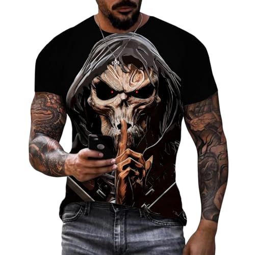 Men's Modern Crewneck Tee, Skull Halloween Graphic, Short Sl