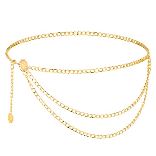 Gold Metal Waist Chain Women's Gold Waist Chain Multilayer Metal Belt Adjustable Body Link Belly Link for Dress, Skirt, Jeans
