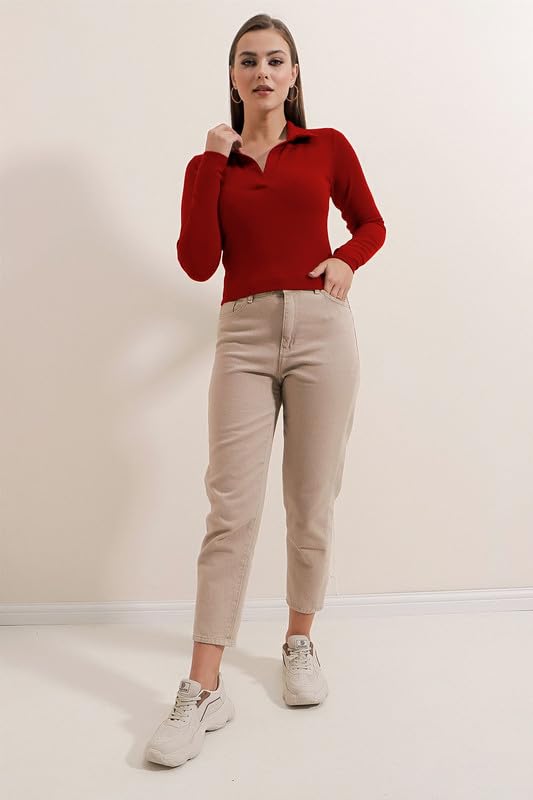Image of Dream Beauty Fashion Women's Collared Neck Long Sleeve Slim Fit Casual Tee Top, 23 inch inches (Apple-01-P)