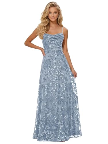 Vevtellb Long Prom Dress Dusty Blue Lace Sequins Evening Dresses for Women Ball Gown Strapless Maxi Formal Dress Size 14