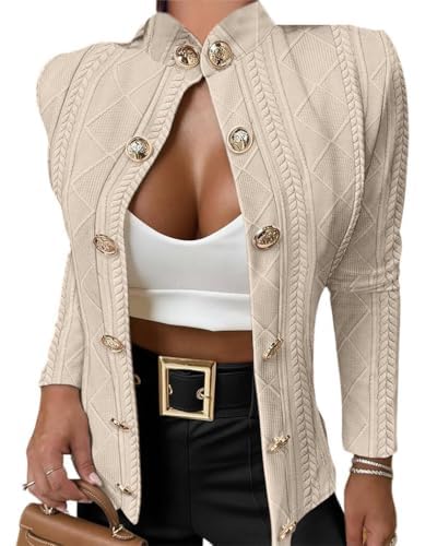 CHICME Women Argyle Cable Cardigan Casual Lightweight Cropped Coat Stand Collar Long Sleeve Metal Button Front Fall Jackets Light Khaki-XL