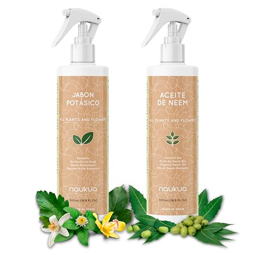 naukua Pack Jabón Potásico más Aceite de Neem Ecológico 100% Natural - Mejora y Activa Las defensas Naturales de Las Plantas de Interior y Exterior - Actúa de Manera rápida y eficaz - 500ml Cada uno