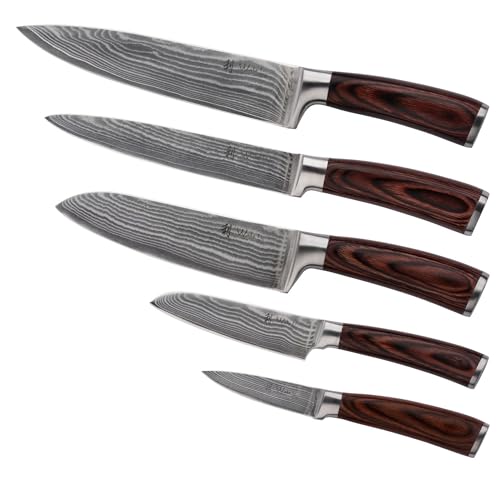 Wakoli EDIB 5-Piece Professional Damascus Kitchen Knife Set – Made from 67 Layers of Genuine Damascus Steel with VG-10 Core | Chef’s Knife Set with Ergonomic Pakkawood Handles in a Wooden Box - Image 9