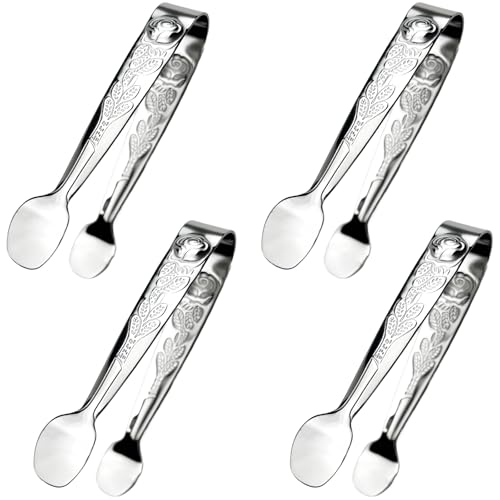 4 mini pinzas para servir con patrón de rosa, pinzas de acero inoxidable de 10 cm para fiestas de té, cafeterías, aperitivos y uso en la cocina (plateado)