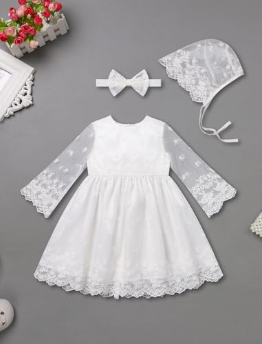 Infant Girl White Baptism Christening Outfits with Bonnet Flower Girl Wedding Dress Newborn Sheer Sleeve Blessing Gown4