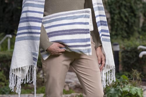 Yair Emanuel Hand-Woven Tallit with Tallit Bag and Matching Kippah- Blue4