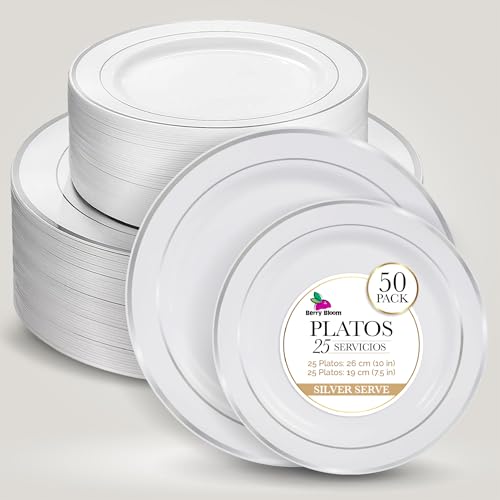 La Mejor Lista de Vajillas desechables del mes. 41 Berry Bloom Platos Circulares Elegantes Reutilizables 50 piezas, Aspecto de Porcelana, Ideal para Bodas, Fiestas, Resistente y Duradero (25 platos de 19 cm/25 platos de 26 cm)