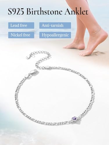 SILVERCUTE June Birthstone Ankle Bracelet 925 Sterling Silver 3mm Figaro Chain Anklets for Women, 8.5\"-10.5\"