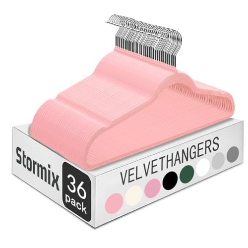 Stormix 36er-Pack Samt-Kleiderbügel für Erwachsene, Hochfeste rutschfeste Premium-Samt-Anzugshänger für Kleidung, Ultradünne platzsparende Kleiderbügel für Hemden, Kleider, Hosen - Rosa