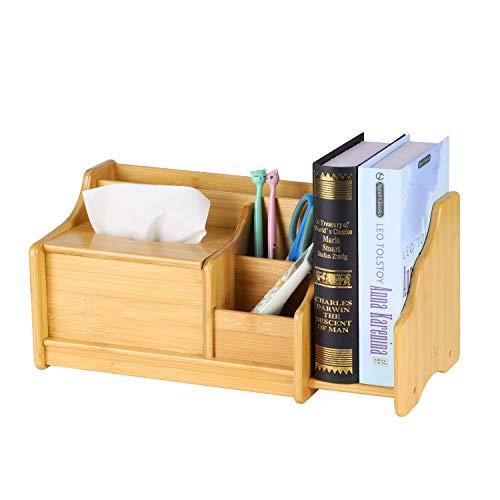 Expandable Desktop Bookshelf Organizer with Tissue Box, Bamboo Desk Storage Shelf Rack Mail Sorter Bookcase Table Counter Holder for Pencil Remote Office Supplies