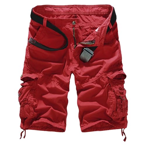 Pantalones cortos cargo con múltiples bolsillos y hebilla de sarga camuflaje rojo