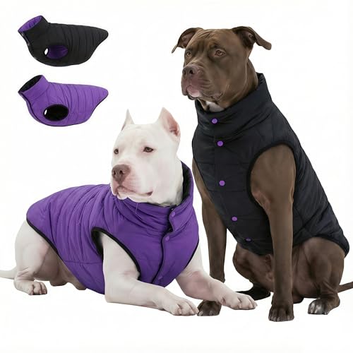 LovinPet Reversible Dog Puffer Coat for Medium & Large Dogs, Down‑Insulated Winter Jacket, Water‑Resistant & Wind‑Resistant, Anti‑Static, Dual-Sided Purple & Black for Cold Weather,XL