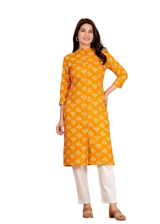 Women's Block Printed Mustard Shirt Style Straight Fit Kurti-picture-32