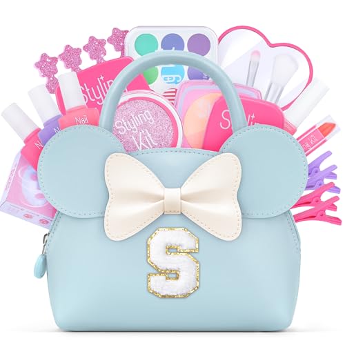 QLOVEA Pretend Makeup Kit for Toddlers Kids- 21Pcs Make Up Toys with Initial Toddler Purse - Birthday Gifts for 3 4 5 Years Old Girls Vanity Set Christmas Birthday Gift Blue S