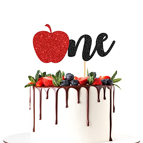 Halodete Apple One Cake Topper, Happy 1st Birthday Party Decor, Fruit Themed Cake Picks, An Apple of Our Eye Party Supplies, Baby Shower Cake Decoration - Red & Black Glitter