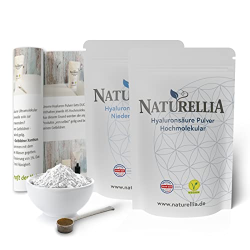 Naturellia 20g Vegan Hyaluronsäure Pulver pur Duo hochdosiert 10g Hyaluron Pulver Niedermolekular & 10g Hyaluron Pulver Hochmolekular für Kosmetik Serum Creme Herstellung Cover