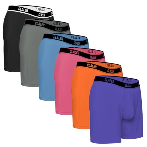 CLALER Bamboo Boxers Mens Anti Chafing Soft Comfortable Boxer Briefs Longer Leg - Mens Underwear Trunks- Moisture Wicking 6Pack(Black*1,Gray*1,Blue*1,Orange*1,Purple*1,Pink*1,M)