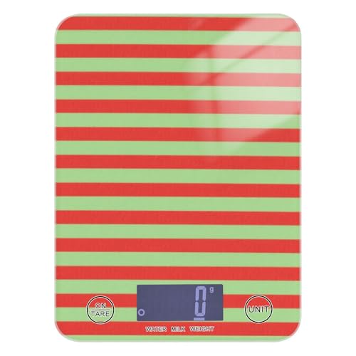 Báscula digital de alimentos a rayas rojas y verdes de Navidad pastel, fácil de limpiar, escala de 5 kg/5 g para medir gramos con 4 unidades para hornear, hornear, espresso báscula para cocina