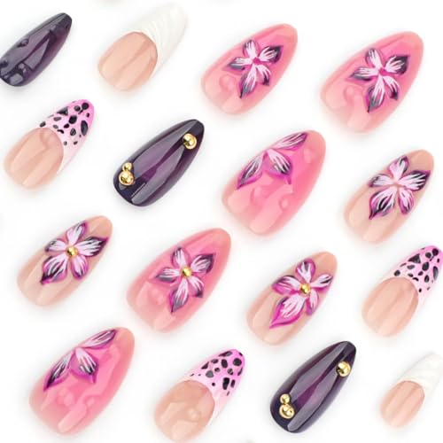 Image of Flower Nail Press ons Speing Fake Nails French Tip Glue on Nails with 3D Line Design Glossy Artificial Acrylic Full Cover Dark Purple False Nails Medium Almond Stick on Nails for Women Manicure 24Pcs