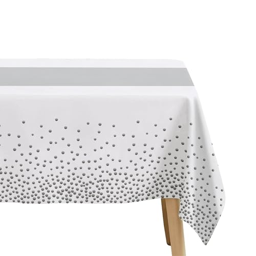 Image of White and Silver Party Decorations Tablecloth, 3 Pack Disposable White Table Cover Printed Silver Table Runner for Birthday Baby Bridal Shower Wedding Anniversary Graduation, 86in x 55in