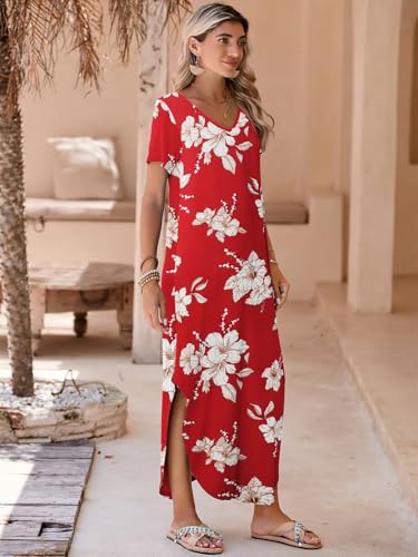 Image of BELAROI Plus Size Maxi Dress for Women Summer Casual V Neck Short Sleeve Long Dress with Pockets Beach Vacation Cover Up