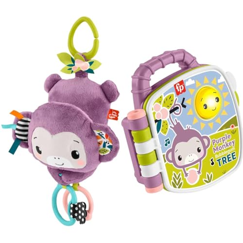 Image of Bundle of Fisher-Price Baby Stroller Sing & Go Purple Monkey Musical Sensory Plush with Crinkle & Clackers for Newborns + Fisher-Price Purple Monkey Musical Storybook with Lights & Sounds, 6+ Months