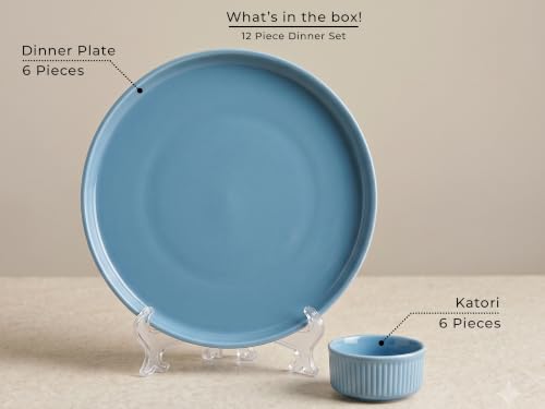 Image of Bodhi House 12-Piece Ribbed Porcelain Dinner Set for 6, 6 Dinner Plates & 6 Katori, Chip Resistant, Lightweight, Microwave & Dishwasher Safe Crockery Set for Home, Dining & Gifting, True Blue