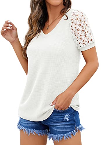 Iwollence Waffle Knit Lace Short Sleeve Blouses V Neck T Shirts Summer Casual Tops For Women White Medium #TOP1