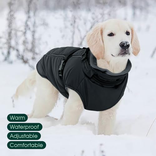 Kuoser Hundemantel für Mittelgroße Hunde - Wasserdicht, Warm Mit Geschirr - Winterjacke Fleecemantel Hundepullover M Schwarz