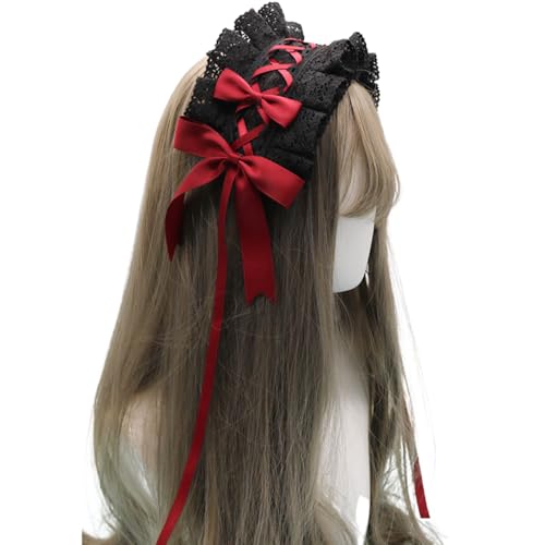 [ideamall] ヘッドドレス ゴスロリ ロリータ 髪飾り ヘアアクセサリー カチューシャ レース リボン (ブラック×レッド, 長さ30cm)