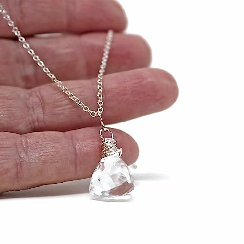 Clear Crystal Quartz Necklace Sterling Silver Trilliant Gemstone Briolette Pyramid 20 Inches #TOP2