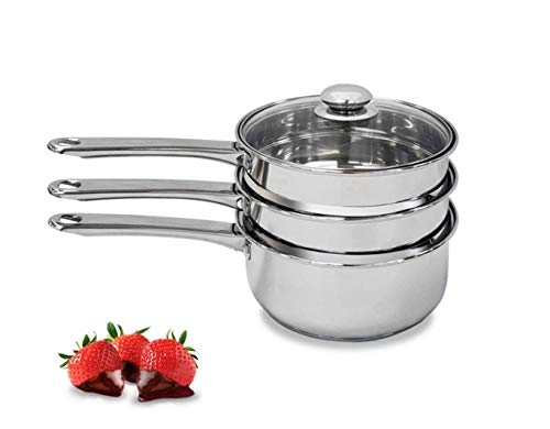 Comparison: Best Double Boiler And Steamer Set 3 Double Boiler & Steam Pots for Chocolate and Fondue Melting Pot, Candle Making, Stainless Steel Steamer with Tempered Glass Lid for Clear View while Cooking, Dishwasher (3 Qts & 4 Pieces)