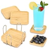 eleganlife Coasters Set of 6 for Coffee Bar Accessories - Bamboo, Drink Coasters with Holder for Home Decor and Wooden Small Snack Trays Set - Portable for Home, Office and Relaxation