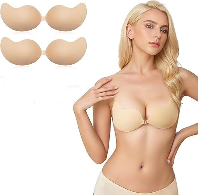 JIMCOM2 Pair Push up Bra Backless Bras for Women, Stick on Bra Reusable Strapless Bra, Comfortable Invisible Sticky Bra and Nipple Covers for All Backless Clothes Beige