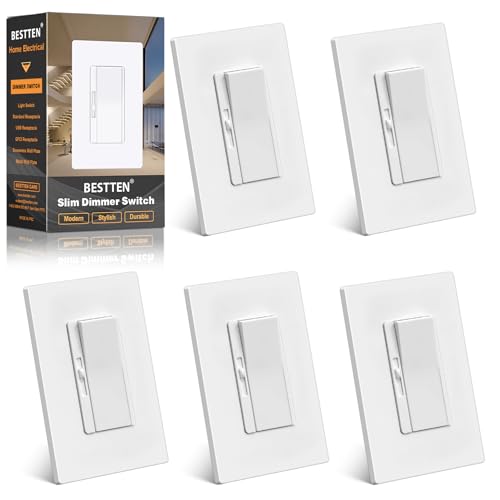 BESTTEN 5 Pack 0-10V LED Dimmer Light Switch Super Slim Low Voltage Dimmer Switch for Dimmable LED Lights Single-Pole or 3-Way Screwless Wallplate Included White