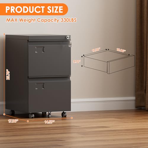 SUXXAN 2 Drawer File Cabinet with Wheels, Under Desk Drawer with Lock Name Card Holder for Home Office, Metal Filing Cabinet for Legal/Letter Size, Assembly Required - Thumbnail 3