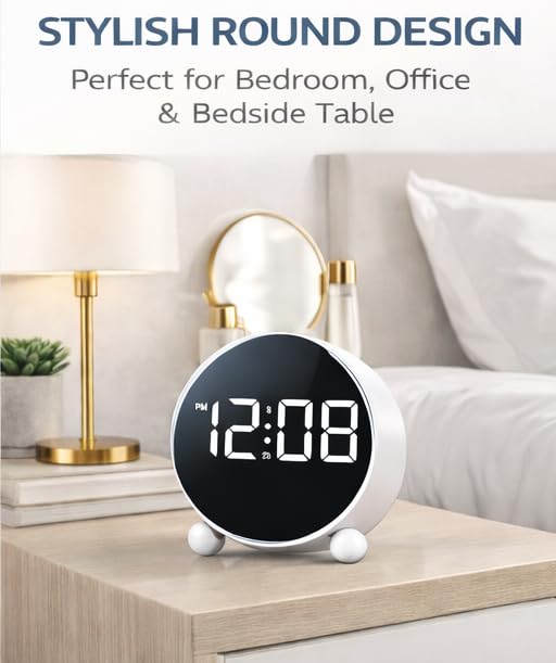 Image of Zollyss Alarm Clock for Study Table | Digital Alarm Clock with Round LED Display & Double Bell | Dual Alarm, 3-Level Brightness | Desk & Table Clock for Bedroom, Office (White)