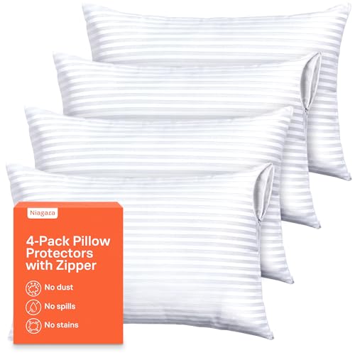 Ultra Soft Pillow Protectors with Zipper Standard Size - Set of 4 Breathable Pillow Covers - 100% Protection Against Stains, Dust & Dirt - Machine Washable (Dark White)