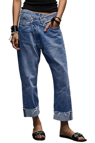 Women's Stretch Asymmetrical Fly Denim Jeans, Rolled Cuff Design, Comfortable Slim Fit Casual Pants