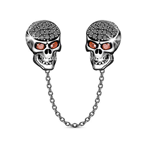 GNOCE Skull Safety Chain Charms 925 Sterling Silver Connection Chain Charms with Cubic Zirconia Balck Red Eyes Safety Chain Fit All Bracelet for Protect and Extend Your Bracelet (1Black)