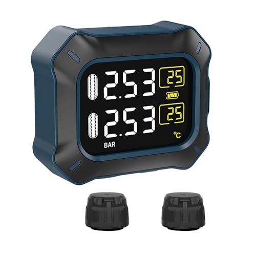 OBEST TPMS Sistema de Control de Presión de Neumáticos para Motocicleta Inalámbrico, Herramienta de Control de Temperatura y Presión de los Neumáticos, Pantalla LCD de Alimentación USB con 2 Sensores